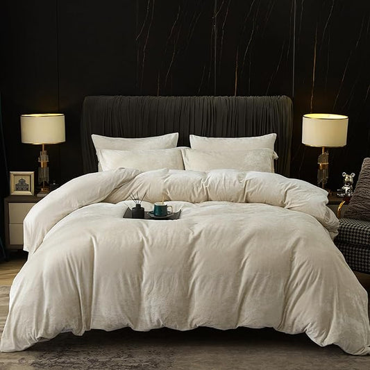 PHF Truly Velvet Duvet Cover Set King Size, 3pcs Ultra Soft Breathable Comforter Cover Set, Luxury Cozy Flannel Duvet Cover with Pillow Shams Bedding Collection, 104" x 90", Sand