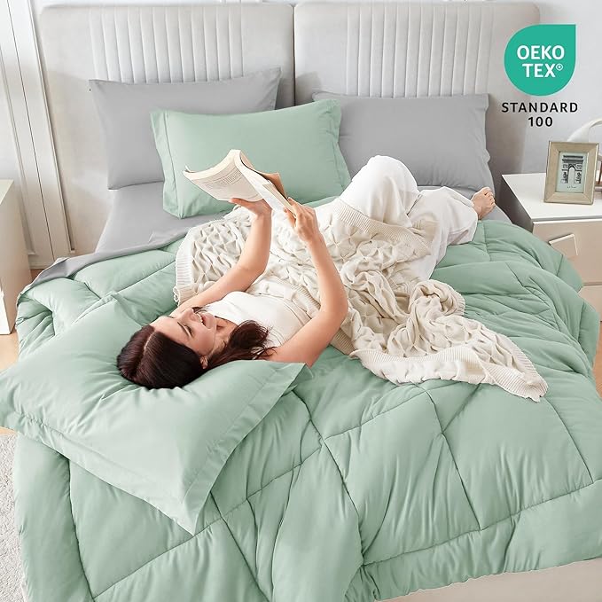Sasttie Queen Comforter Set, 7 Pieces Bed in a Bag Queen, Complete Bedding Set Includes Comforter, Flat Sheet, Fitted Sheet, Pillowcases and Pillow Shams, Sage & Light Grey