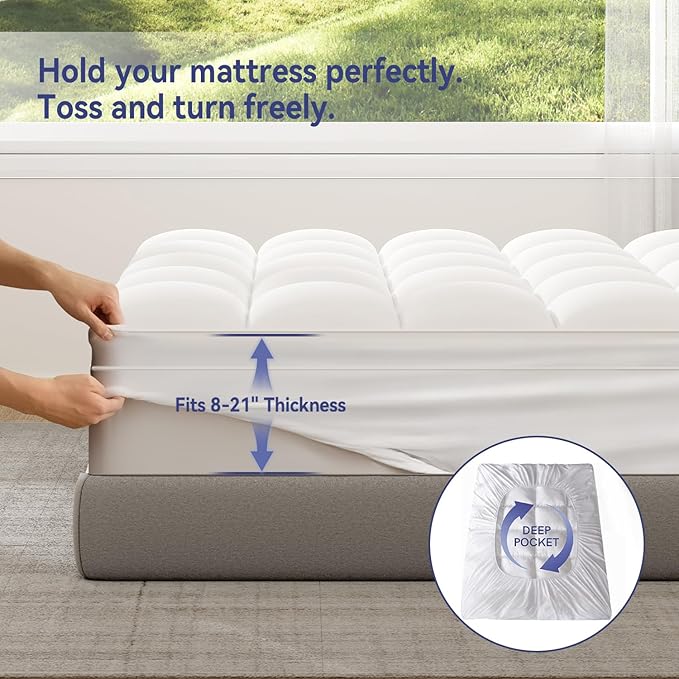 ELEMUSE Full Mattress Topper for Back Pain, Extra Thick Mattress Pad Cover, Plush Soft Pillowtop with Elastic Deep Pocket, Overfilled Down Alternative Filling