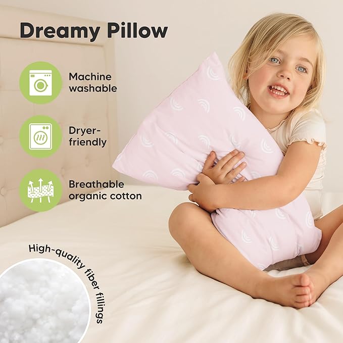 KeaBabies 2-Pack Toddler Pillows 2 Year Old to 5-13x18 Soft Organic Cotton Kids Pillow for Sleeping, Travel, School, Daycare, Nap, Toddler Bed, Machine Washable, Without Pillowcase (Pastel Rainbow)