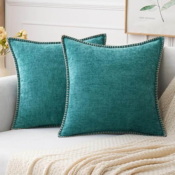 MIULEE Pack of 2 Couch Throw Pillow Covers 22x22 Inch Teal Farmhouse Decorative Pillow Covers with Stitched Edge Soft Chenille Solid Dyed Spring Pillow Covers for Sofa Bed Living Room