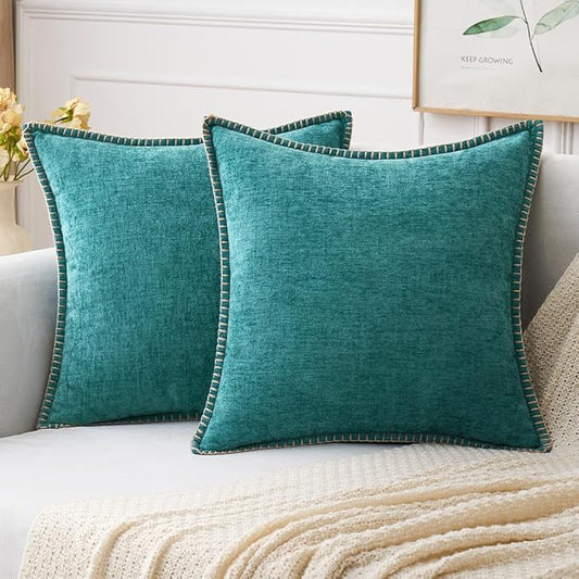 MIULEE Pack of 2 Couch Throw Pillow Covers 22x22 Inch Teal Farmhouse Decorative Pillow Covers with Stitched Edge Soft Chenille Solid Dyed Spring Pillow Covers for Sofa Bed Living Room