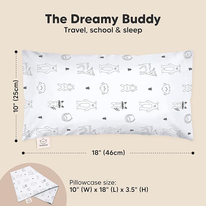 Toddler Pillow with Pillowcase - 10x18 My Little Dreamy Kids Travel Bed Pillows for Sleeping, Organic Cotton Small Pillowcase, Soft & Breathable, Machine Washable, Toddlers 2-5 years old (KeaFriends)