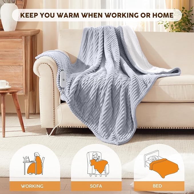 HYLEORY Heated Blanket Electric Throw, Soft Flannel Sherpa Heater 5 Heat Settings and 3 Hours Auto Shut-Off Heating Blanket ETL Certification Over-Heat Protection Machine Washable,Grey