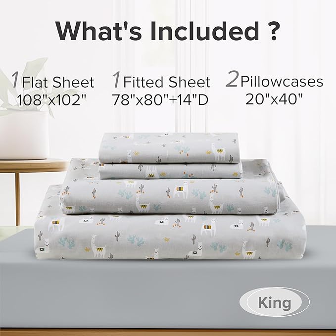 Comfort Spaces 100% Cotton Sheet Set Breathable, Lightweight, Soft with 14" Elastic Pocket Fits up to 16" Mattress, All Season Cozy Bedding, Matching Pillow Case, King Lama Multi 4 Piece
