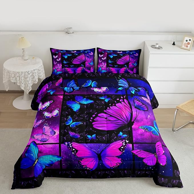 Erosebridal Butterfly Comforter Set Starry Sky Galaxy Comforter Blue Purple Butterfly Bedding Sets Twin for Kids Girls Teens Women Bed,Aesthetics Butterflies Quilt Duvet Set 1 Pillow Case Room Decor