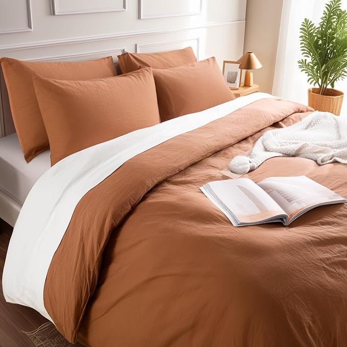 NEXHOME PRO Terracotta Burnt Orange Duvet Cover Set Kids Twin Size Linen Look Textured Organic Natural 100% Washed Cotton Duvet Cover 2 Pieces Bedding Set Caramel with Zipper Closure (No Comforter)