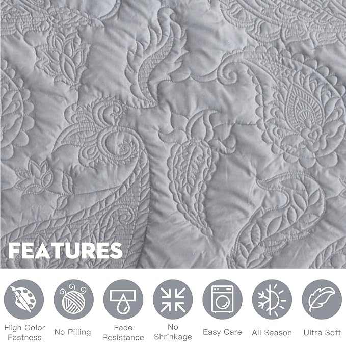 HZ & HY Oversized King Bedspread 138x122 Extra Wide, Quilted Coverlet Bedding Set, Lightweight Thin Comforter, Reversible, Luxurious, 5 Piece, 100% Microfiber, California/Alaskan King, Grey