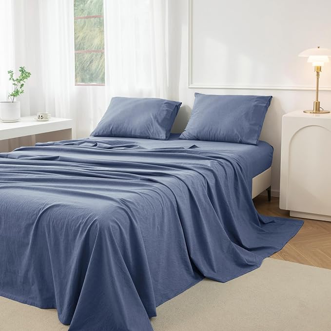 JIYUAN 100% Washed Cotton Sheet Set 4 Pieces Full,1 Fitted Sheet,1 Flat Sheet and 2 Pillowcases,Comfy and Breathable Linen Like Bedding Set,Heathered Blue