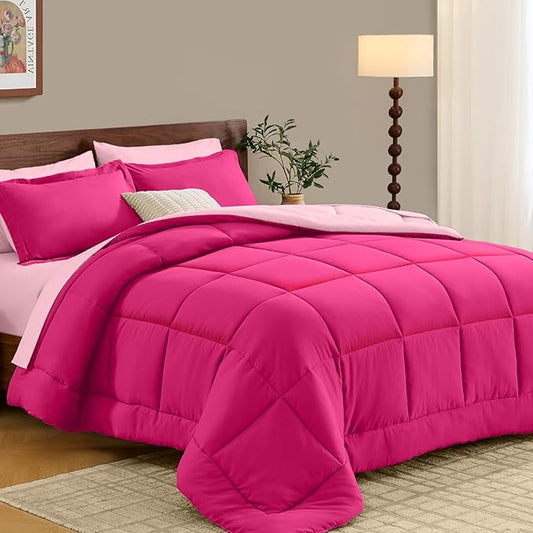 FUANNA King Size Comforter Set 7 Pieces, Reversible Bedding Sets with All Season Soft Comforter, Bed in a Bag King Includes Comforter, Flat Sheet, Fitted Sheet, Pillowcases & Shams, Hot Pink & Pink