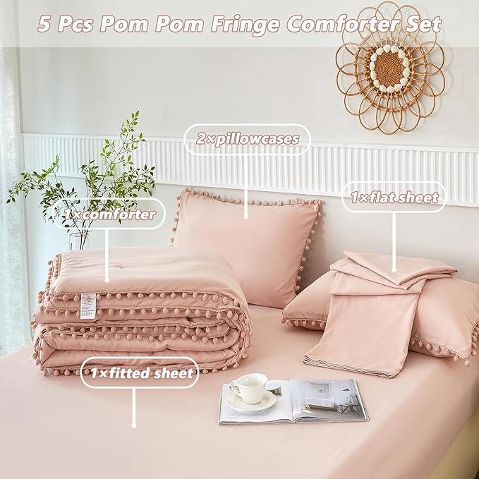 PERFEMET Blush Twin Bed in A Bag for Girls 5 Pcs Boho Pom Pom Bed Comforter Set with Sheets Soft Lightweight Pink Plain Bedding for Kids Teens(Blush, Twin)