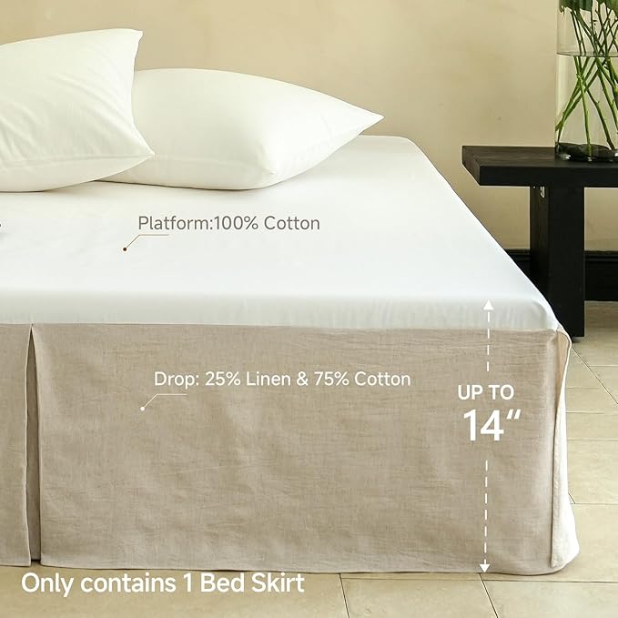 Simple&Opulence French Linen Bed Skirt with Classic 14 inch Drop Dust Ruffle, Tailored Draped Premium Natural Flax Cotton Blend Basic Dust Easy Fit Breathable Farmhouse Bedding (Twin, Basic Linen)