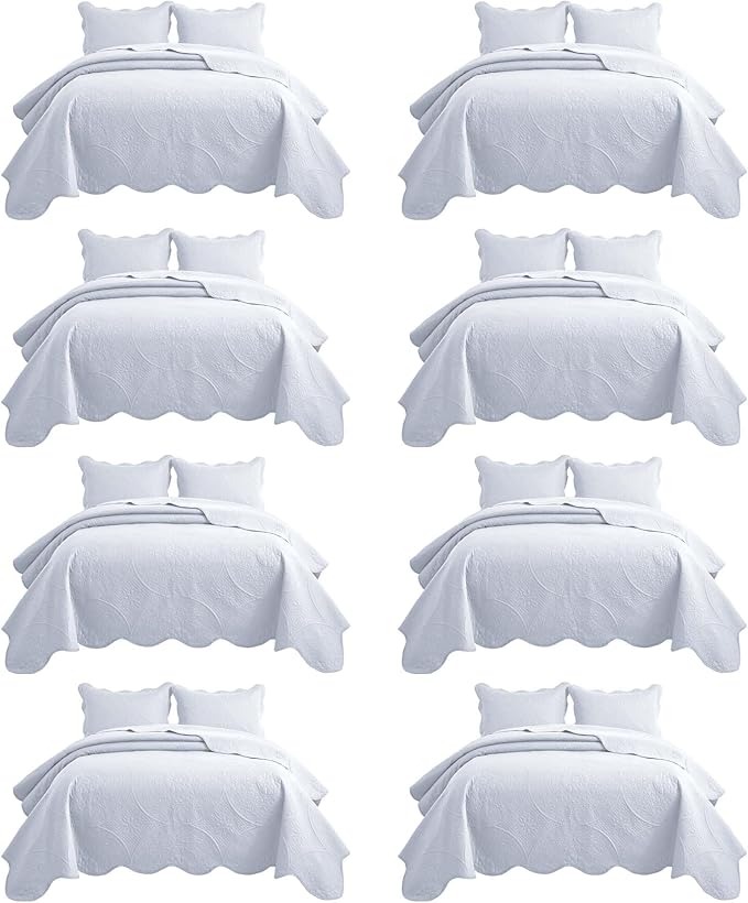 IR Imperial Rooms 8 Pack California King Quilt Bedding Set (118"x106") - Bulk Wholesale for Hotels, Guest Bedroom & Airbnbs - Microfiber Reversible Floral Embossed Quilts Bedspreads (White)