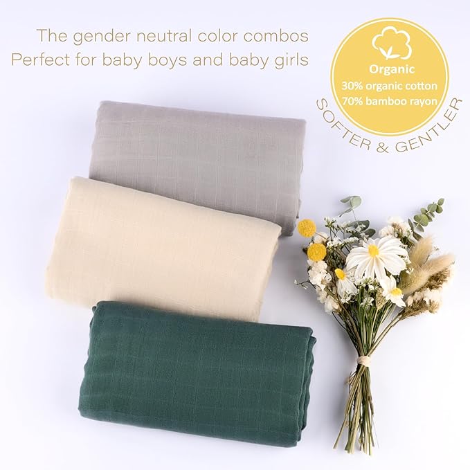 Meracorallo Muslin Swaddle Blanket Silky Soft Receiving Blanket Neutral Swaddle Wrap for Baby Boys and Girls, 47 x 47 inches, Set of 3 Solid Color (Green+Beige+Gray)