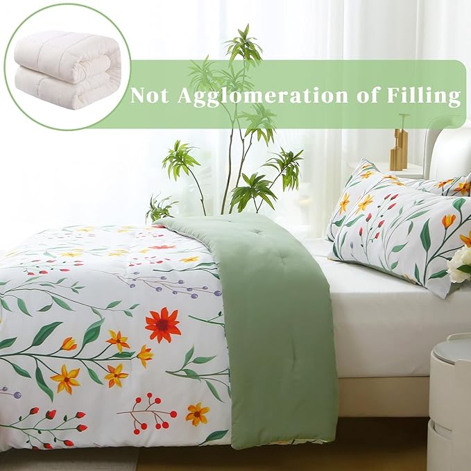 King Comforter Set Green 3 Pieces Bed in a Bag, Colorful Floral Bedding Sets Elegant Botanical Bed Set Lightweight Soft Comforter with 2 Pillowcases for All Season