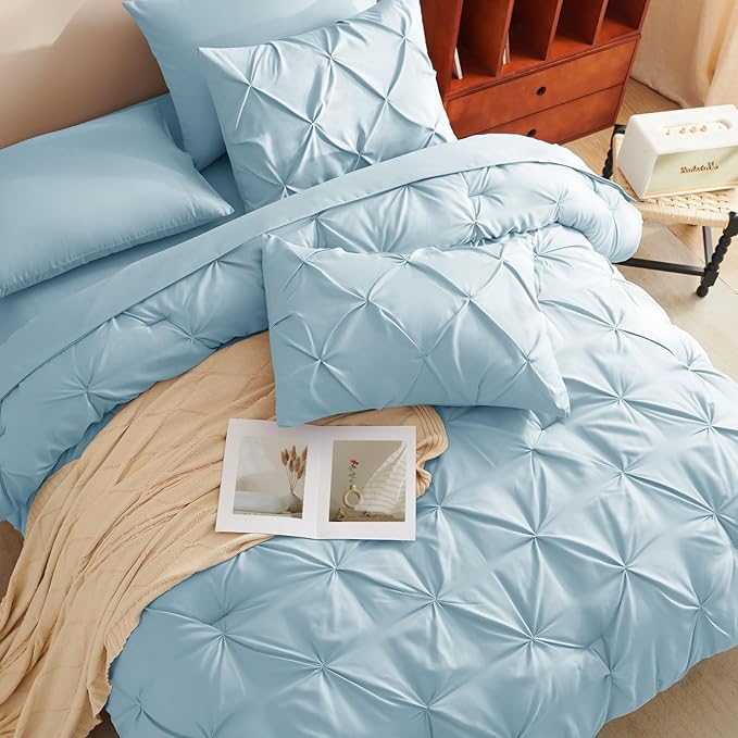 Full Comforter Set Light Blue, 7 Pieces Pintuck Bed in A Bag Full Size Bedding, Soft Bed Set All Season Pinch Pleat Comforter Set with Sheets, Pillowcases & Shams