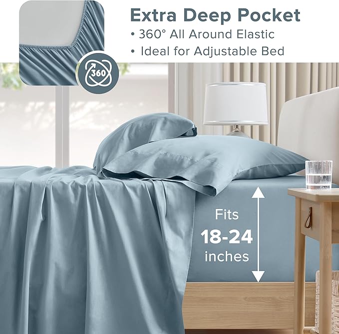 Comfort Spaces Extra Deep Pocket, 100% Cotton Sheets Queen Fits up to 24" Mattress, Breathable, Naturally Cool Cotton, Soft Cotton, All Seasons Sheet Set, Blue 4 Piece