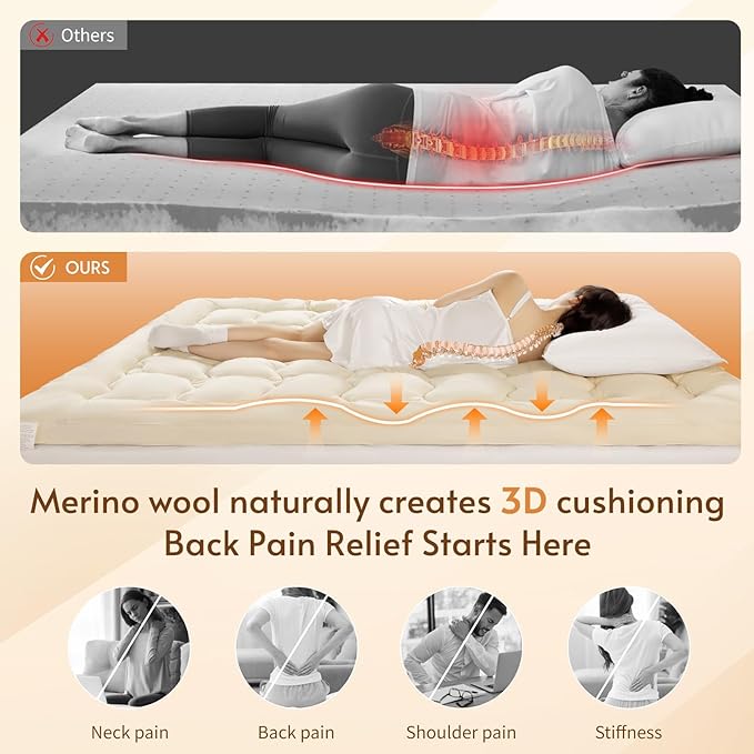 Luxury 100% Organic Wool Mattress Topper Made from Australian Merino,Extra Thick Pillow Top Mattress Pad with 100% Cotton Cover, Fuffy Mattress Cover (Beige, King(78"x80"))