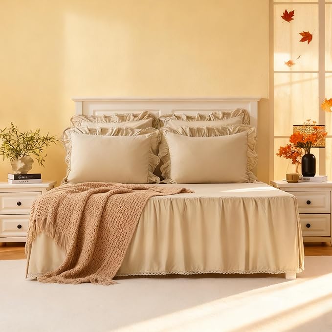 Queen Size 18 inch Drop Ivory Dust Ruffle, Crochet Edge Lace, Lightweight 100% Cotton, French Coutry Style Ruffled Bed Skirt with Split Corners