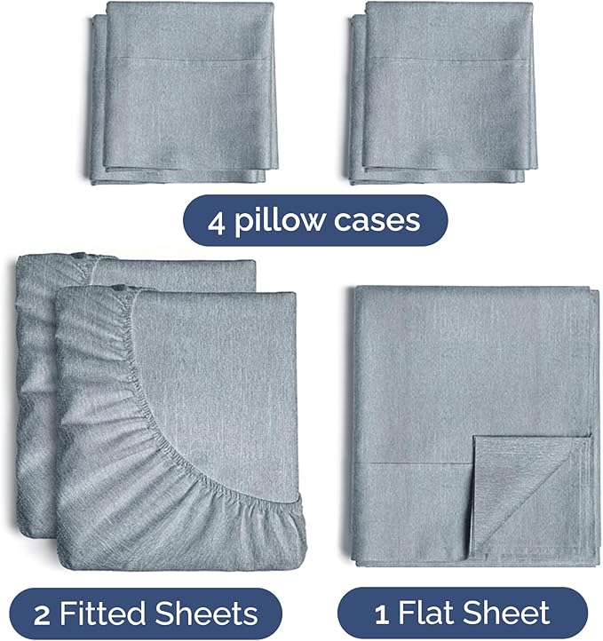 Split King 7 Piece Sheet Set - Comfy Breathable & Cooling - Soft Hotel Luxury Bedding Set w/ 8-16 Inch Deep Pockets - 1 Flat & 2 Fitted Sheet & 4 Pillowcases - Cozy and Wrinkle Free - Heathered Blue