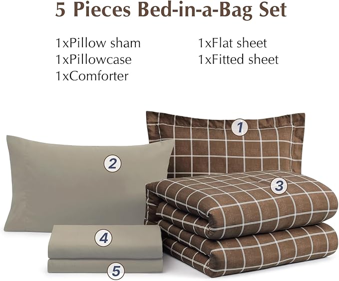 Plaid Twin XL Comforter Set Brown, Reversible Checkered Bedding Set 5 Pieces for Boys Girls Teen, Lightweight Bed in a Bag for Dorm with Sheets, Pillowcase & Sham
