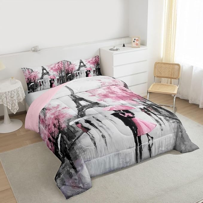 Pink Paris Bedroom Comforter Set Queen,Pink Grey Eiffel Tower Bedding Set For Teens Girls Women Paris Themed Room Decor,Retro Cherry Blossoms Couple Comforter Valentine's day Gifts Quilt Dark Gray