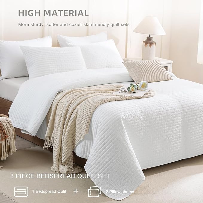Lady Ann Oversized King Quilt 120x120, White Oversized King Bedspreads Set for Bed, Lightweight & Soft Farmhouse Coverlet All Season Extra Large 3 Pcs Quilted Bedding Sets