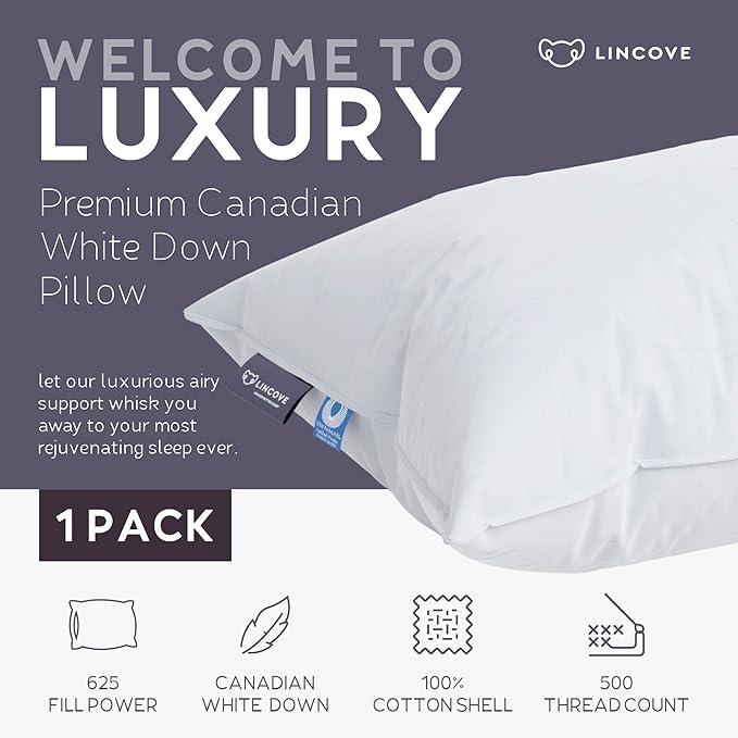 Lincove Cloud Natural Canadian Down Pillow, White Luxury Sleeping Pillow - 625 Fill Power, 500 Thread Count Cotton Shell, Made in Canada, Queen - Medium, 1 Pack