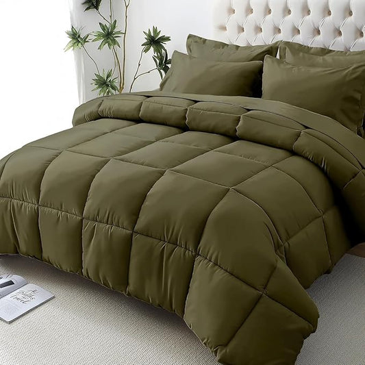 JOLLYVOGUE Full Comforter Set, Ultra-Soft Bed in a Bag Full Size 7 Pieces, Oeko-TEX Certified Bedding Set with Down Alternative Comforter, Sheets, Pillowcases & Shams, Olive Green