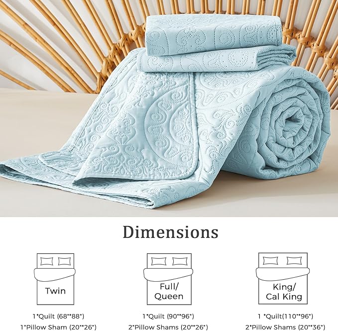 WURUIBO Sky Blue Quilt Set Queen Size, Embossing Microfiber Full Bedspreads with Pillow Sham, Ligthweight Breathable Thin Coverlet, Reversible Bedding Set for All Season (1 Quilt, 2 Pillow Shams)