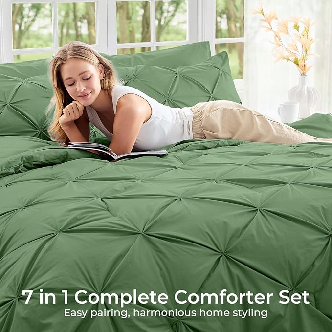 Sasttie Full Size Comforter Set, 7-Piece Bed in a Bag, Pintuck Bedding Set for All Season, Includes Comforter, Flat Sheet, Fitted Sheet, Pillowcases and Pillowshams, Green