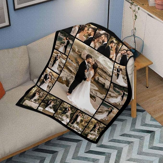 Custom Photo Blanket, 17 Photos Custom Throw Blanket Personalized Blankets and Throws for Couples Family Friend Customized Christmas Birthday Gifts, 8 Sizes