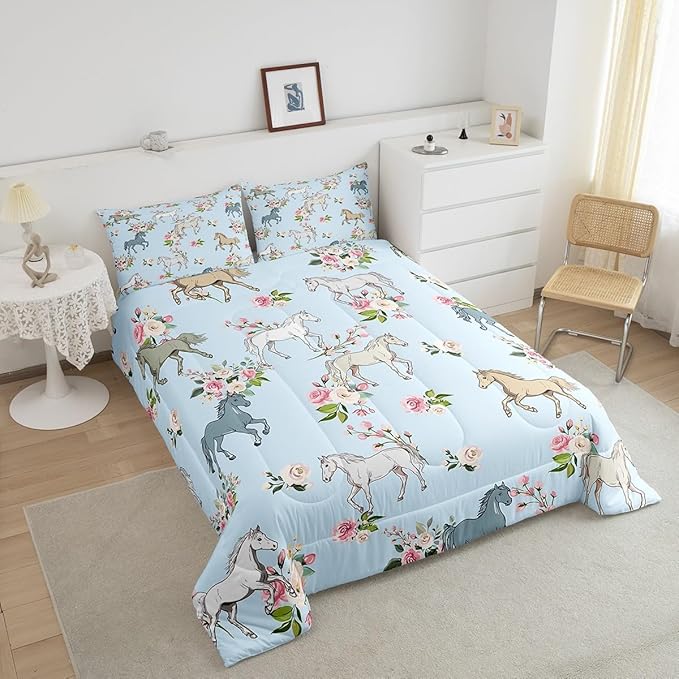 Horse Quilt Full Size, Farmhouse Western Cowboy Cowgirls Duvet Insert for Kids Boys Girls Teens, Cartoon Kawaii Horse Bedding Set, Rustic Rose Floral Comforter Set + 2 Pillow Cases