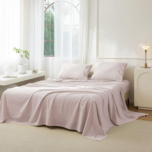 JIYUAN 100% Washed Cotton Sheet Set 4 Pieces King,1 Fitted Sheet,1 Flat Sheet and 2 Pillowcases,Comfy and Breathable Linen Like Bedding Set,Heathered Greyish Pink