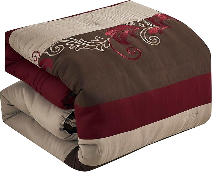 Chezmoi Collection Napa 7-Piece Luxury Leaves Scroll Embroidery Bedding Comforter Set (Oversized King, Burgundy/Taupe/Brown)