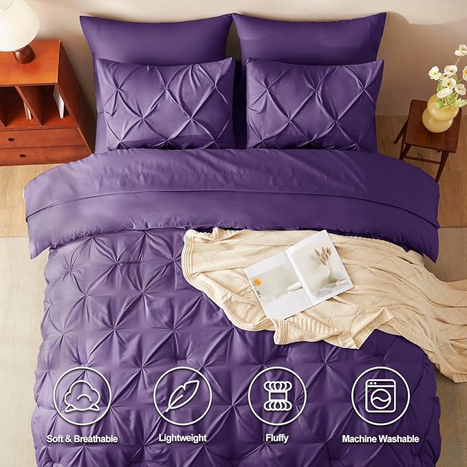 CozyLux King Size Comforter Set Purple, 7 Pieces Pintuck Bed in A Bag Purple Comforter King Size, Pinch Pleat Bedding Set with All Season Comforter, Sheets, Pillowcases & Shams