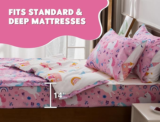 Meeting Story 3pcs Zipper Bedding Set for Girls,Zip Up Bedding Full Kid Bedding Set Rainbow Comforter Unicorn Bedding for Kid,All in one Zipper Bedding(Pink,Full)