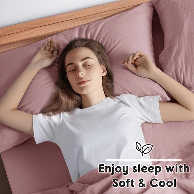 SONORO KATE 100% French Pure Linen Sheets, Breathable and Durable, Anti-Tear, Machine Washable, 16 Inch Deep Pocket - 4 Piece (Embroidery Purple, California King)