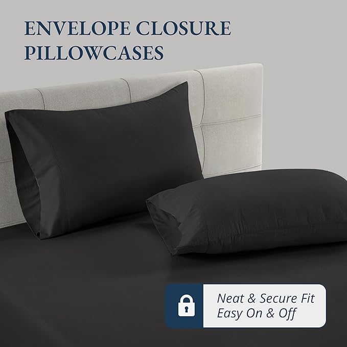 LANE LINEN Fitted Sheet Full Size, 100% Organic Cotton, 3-Piece Set (1 Fitted Sheet, 2 Pillowcases) Percale Weave, Bed Fitted Sheets, Breathable, Fits Mattress Upto 15" Deep - Black (No Flat Sheet)