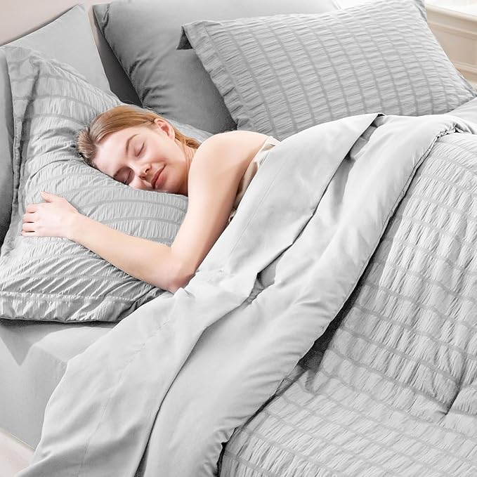 CozyLux Oversized Queen Comforter Set Light Grey Seersucker 7 Pieces Bed in a Bag Queen Comforter Set with Sheets, Luxury Soft Bedding Set with Down Alternative Comforter, Sheets, Pillowcases & Shams