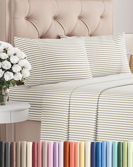 Twin 4 Piece Sheet Set - Comfy Breathable & Cooling - Soft Hotel Luxury Bedding Set with 8-16 Inch Deep Pockets - 1 Flat & 1 Fitted Sheet & 2 Pillowcases - Wrinkle Free & Easy Care - Beige Stripes 2