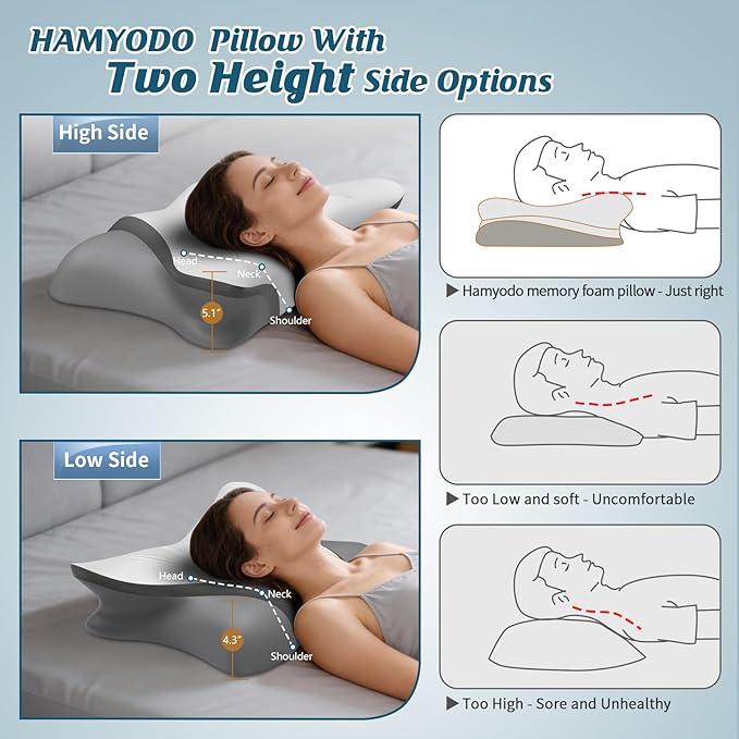 Cervical Neck Pillow for Pain Relief, Bed Pillows for Sleeping, Ergonomic Cooling Pillow, Orthopedic Contour Pillow for Side Back Stomach Sleepers,Neck Support Memory Foam Pillows (Grey&Darkgrey)