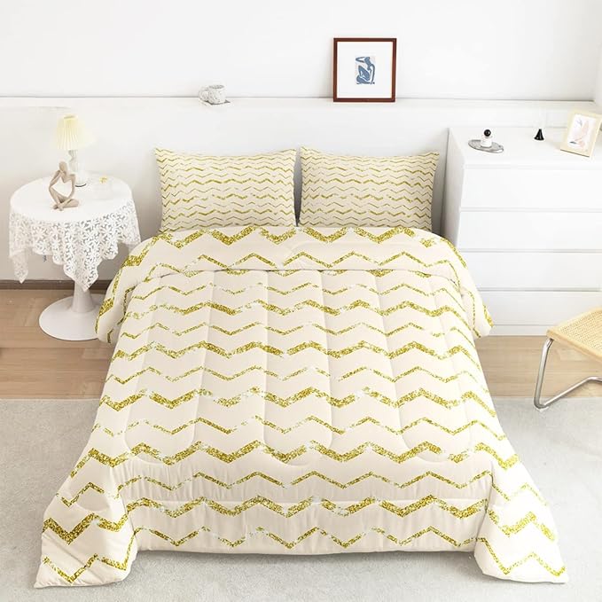 Feelyou Cream White Gold Comforter Set King Size for Teen Girls Boys Women, Cute Ivory Bedding Set, 3 Piece Reversible Comforter (1 Comforter + 2 Pillow Shams) Boys