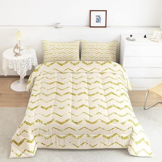 Feelyou Cream White Gold Comforter Set King Size for Teen Girls Boys Women, Cute Ivory Bedding Set, 3 Piece Reversible Comforter (1 Comforter + 2 Pillow Shams) Boys