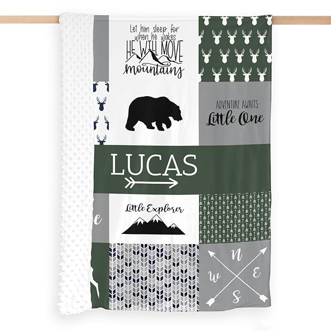 Personalized Baby Blanket Cute Animal Blanket for Boys - Soft Double Layer with Dotted Backing, Toddler to Newborn, Shower Gifts, Bronze Green (35 X 45 inches)