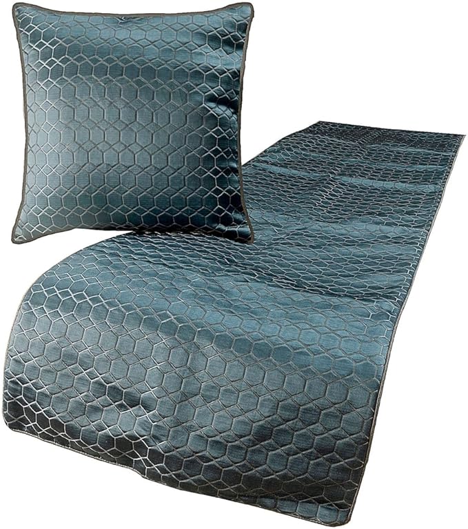 The HomeCentric King Queen Twin Blue Designer Queen 74"x18" Bed Runner with 2 Pillow Cover, Hexagon Pattern Bed Scarf on Jacquard Fabric - Hexagon Lagoon