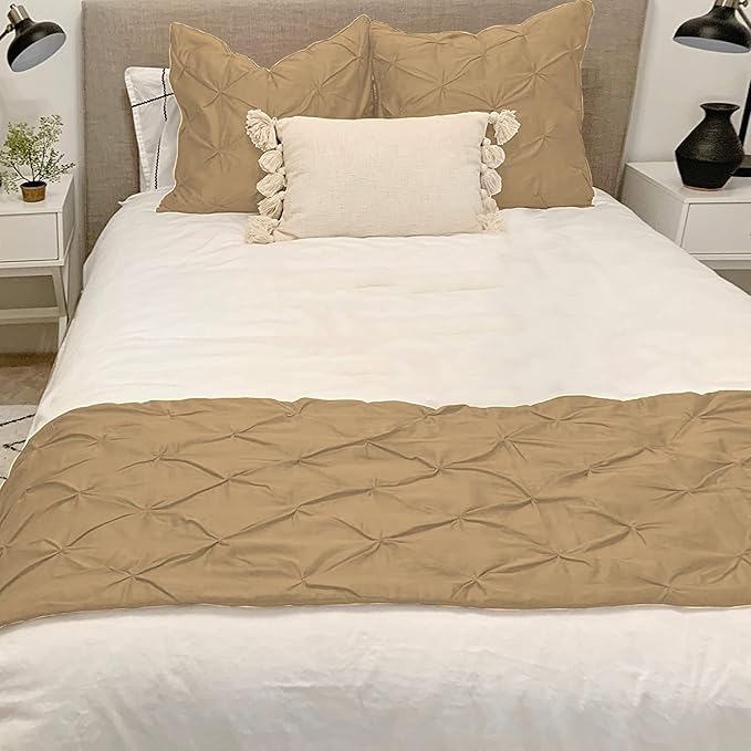 Bed Runner Set - 100% Pure Cotton 800 Thread Count - Luxury 1 Pinch Pleated Bed Runner and 4 Pillow Cover - 5 Piece Pinch Pleated Bed Runner Set Queen, Taupe