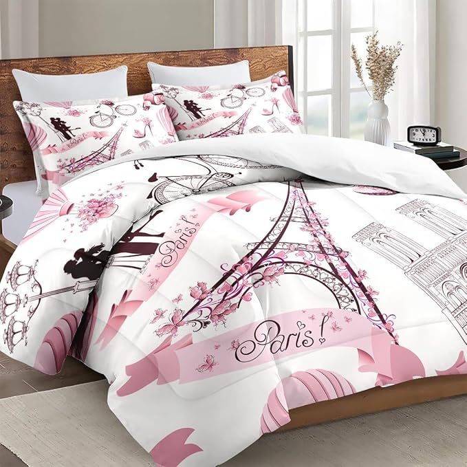 Queen Size Comforter Set with 2 Pillowcases, Vintage Paris Eiffel Tower Love Soft 3 Pcs Bedding for Kids and Adults Bedroom Bed Decor