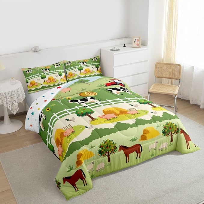 Feelyou Kids Cartoon Farm Animals Comforter Set Girls Boys Cute Pig Cow All Season Down Comforter Kawaii Horse Chicken Duck Bedding Set Room Decor Funny Farm Nursery Quilt Twin Size 2Pcs Boys
