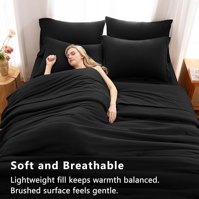 CozyLux Queen Comforter Set Black, 7 Pieces Bed in a Bag Soft Bedding Comforter Set with Sheets, All Season Boho 7PC Bed Sets with Comforter, Fitted Sheets, Flat Sheets, Pillow Shams and Pillowcases